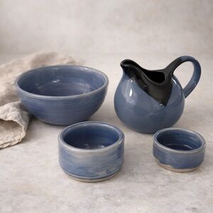 Blue‎ Glazed Ceramic Pitcher Bowl Set 4 Pieces Small Creamer Cup